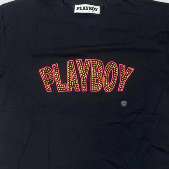 Playboy Pacsun black Tee with Bling PLAYBOY on front in stones size large NWT - Picture 3 of 3